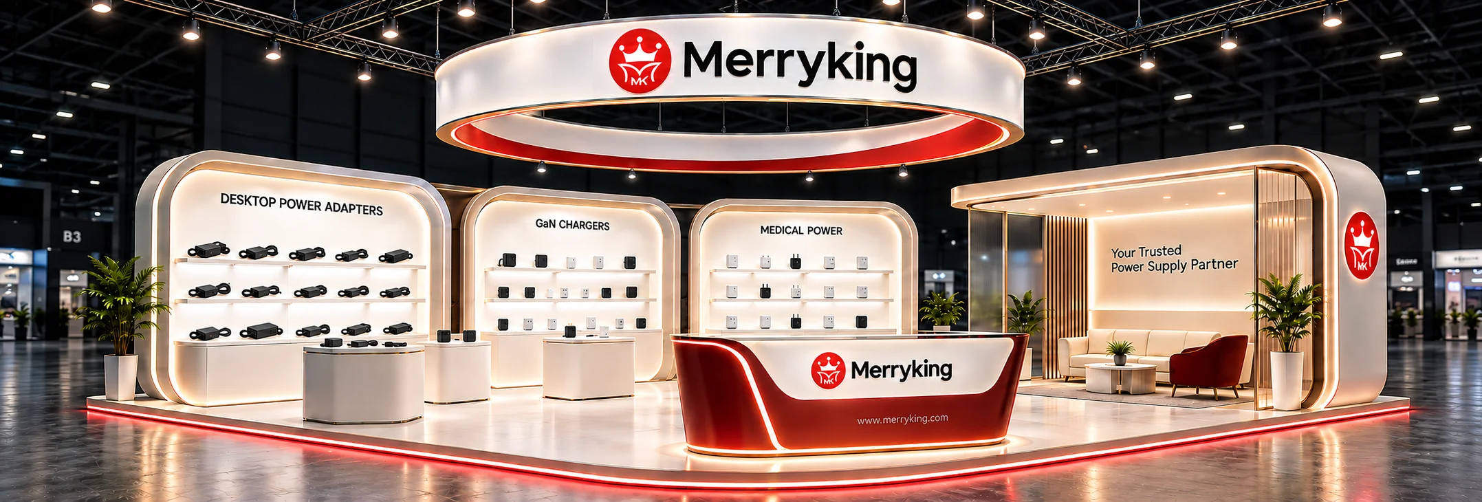 Merryking exhibition booth showcasing power adapters and chargers
